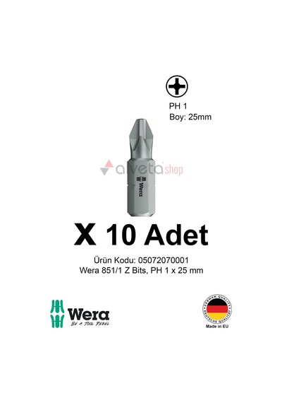 Alveta Wera 851/1 Z Ph1 X 25mm Tornavida Ucu 10 Adet Yıldız Vidalama Bits Seti Profesyonel Seri