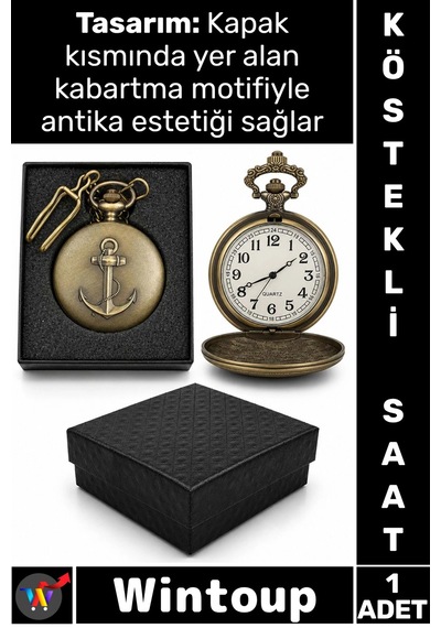 Saat Retro 4x5 Cm Klasik Koleksiyonluk Hediyelik Özel Kutulu Gümüş Şık Çapalı Tasarım Köstekli Saat