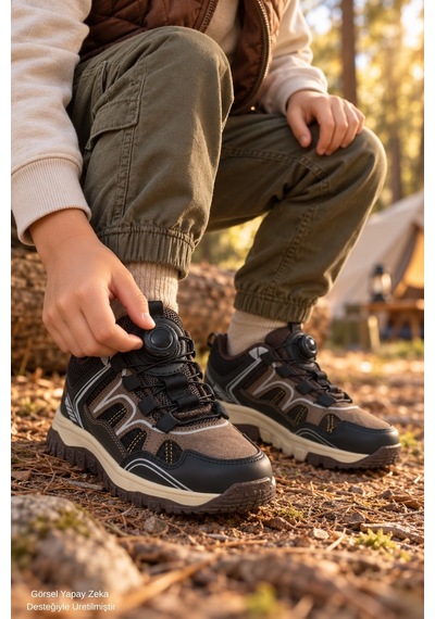 Muggo Trekon Bağcık Ayar Mekanizmalı Kalın Taban Unisex Çocuk Günlük Outdoor Trekking Bot Kahverengi