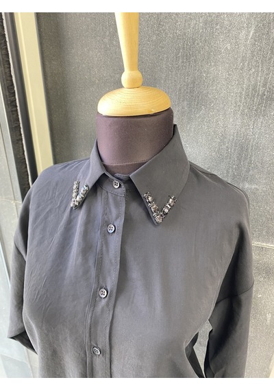 Pera Moda Yakası Taşlı Modal Kumaş Oversize Kadın Gömleği Siyah