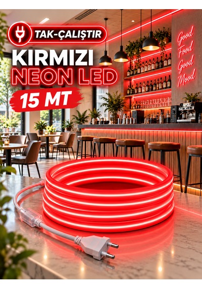 15 Metre Tak Çalıştır Kırmızı Renk Neon Led Borsan 220v Neon Led Kırmızı Montaj Aparatı Dahil