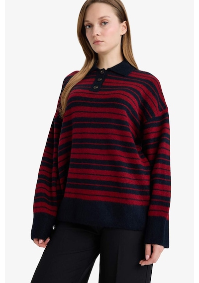 Defacto Loose Fit Polo Yaka Çizgili Triko Kazak Tunik G7240ax25cwnv207 Lacivert-nv207