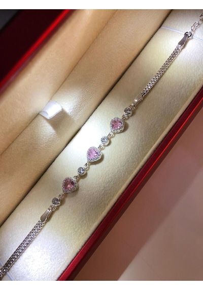 Vog Swarovski Pembe 3 Lü Kalp Taşlı S Model Sevgiliye Eşe Hediye Bileklik