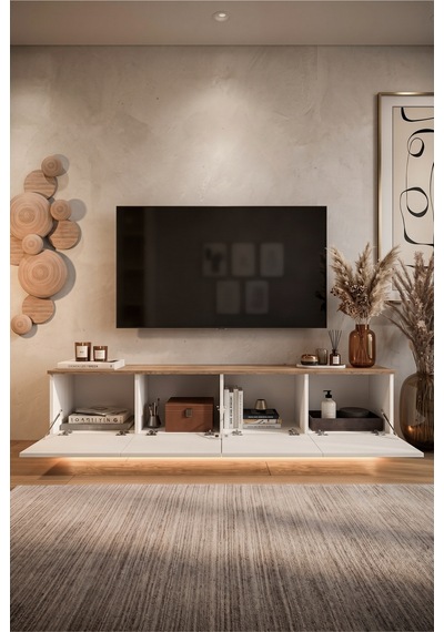 Nord Led Işıklı Tv Ünitesi Sehpası 4 Kapaklı Duvara Monte 180cm Sepet-beyaz Nd19-sw