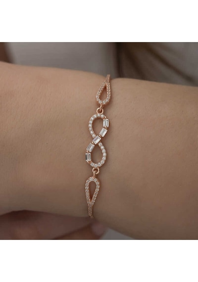 925 Ayar Gümüş Rose Baget Taşlı Sonsuzluk Bileklik Altın