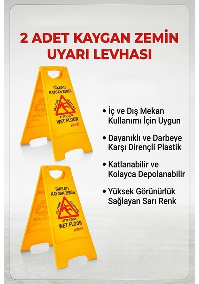 2'li Kaygan Zemin Uyarı Levhası / Katlanabilir Çift Taraflı Temizlik