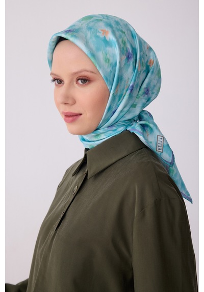 Belli Çiçek Desen İpek Twill Eşarp - 2026 İlkbahar-yaz T 4319 Mor-yeşil