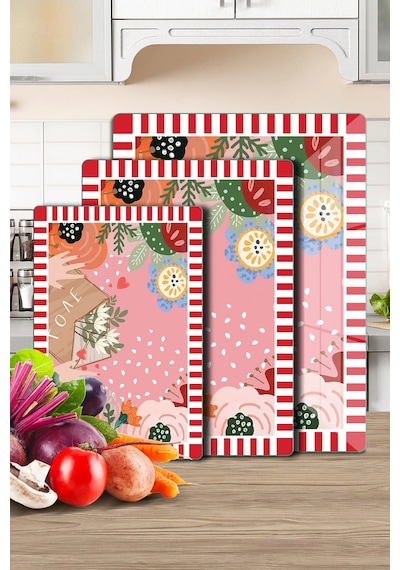 3'lü Cam Kesme Tahtası Ve Sunumluk Karışık Renkli Love Desenli 20 X 30, 25 X 35 Ve 30 X 40 Cm Çok Renkli