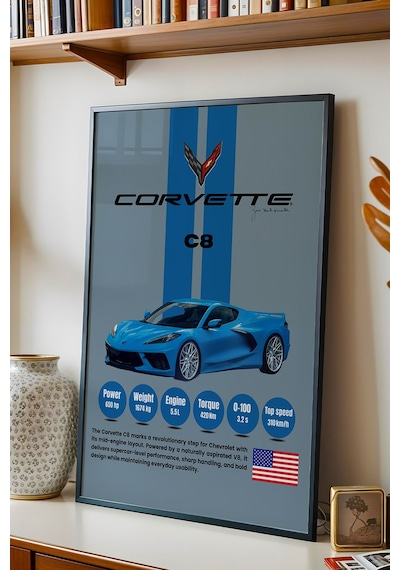 Corvette C8 Araba Tablosu - Teknik Özellikli Otomobil Poster - Çerçeveli Duvar Dekoru Siyah