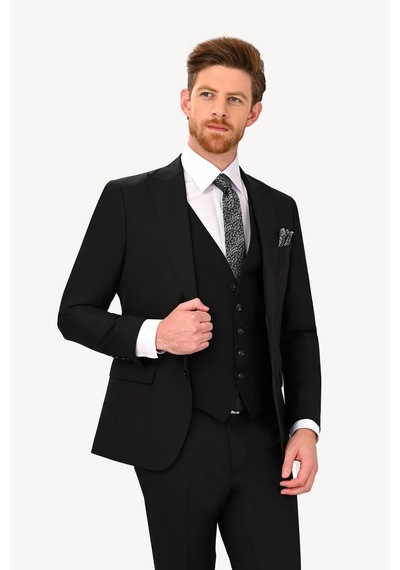 Erkek Siyah Sivri Yaka Yelekli Slim Fit Takım Elbise