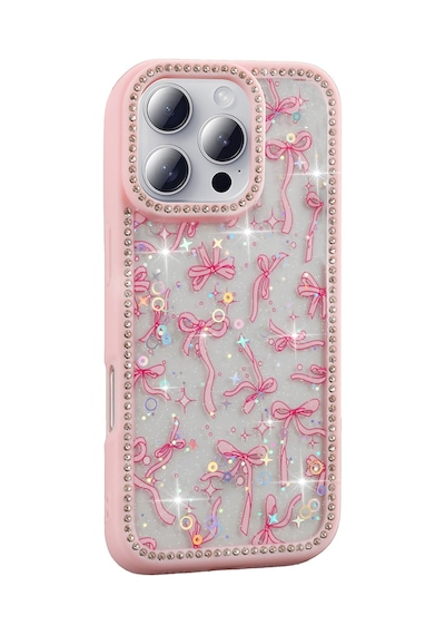 Apple Uyumlu iPhone 16 Pro Kılıf Taşlı Ve Simli Tasarım Mkst Azra Kapak - Pembe Pembe