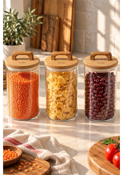 Atbyhome 3'lü Kulplu Akasya Kapaklı Düz Cam Kavanoz Seti 1200 Ml - Vakumlu Borosilikat Erzak Bakliyat Kabı Ahşap - Şeffaf