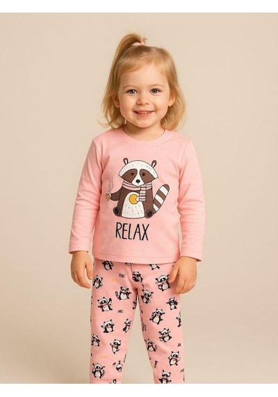 Kız Çocuk Pamuklu Hayvan Baskılı Pijama Takımı-16053 Pembe