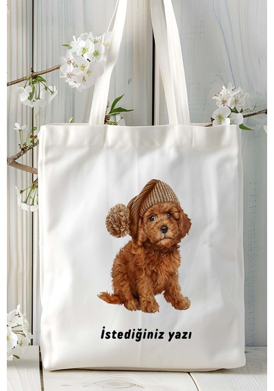 Art Hediye Poodle Köpek Baskılı Bez Çanta Omuz Çantası Kişiye Özel Model 9 Çok Renkli
