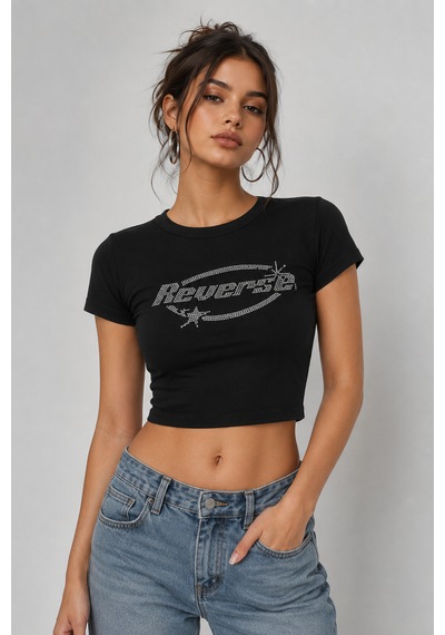 Bozzbozzcollection Kadın Reverse Taş Baskılı Crop Siyah
