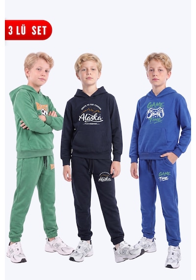 Fyk Kids Erkek Çocuk 3'lü Baskılı Kanguru Cepli Kapüşonlu Eşofman Takımı Yeşil-lacivert-sax Fyk Kids Erkek Çocuk 3'lü Baskılı Kanguru Cepli Kapüşonlu Eşofman Takımı Yeşil-lacivert-sax