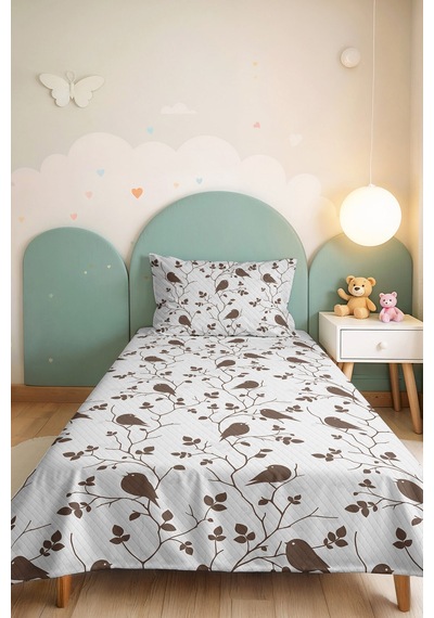 Kuşlu Bej Tek Kişilik Pike Takımı - Otantik Kahverengi Minimal 160x220 Cm Kapitone Yatak Örtüsü Şeffaf