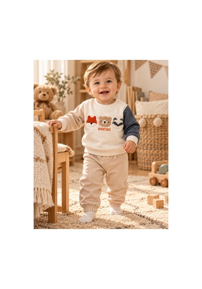 Omeca Concept Hayvan Figürlü Erkek Bebek 2 Li Sweatshirt Eşofman Takımı Bej
