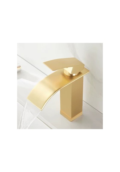 Rena Design Lavabo Bataryasi Mat Gold Şelale Kare Gövde Eğimli Havza Banyo Armatür Çift Giriş Musluk Lüks Ergo