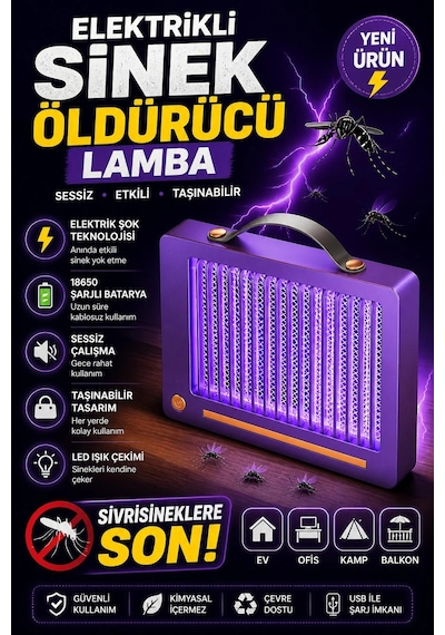 Elektrikli Sinek Öldürücü Lamba Şarjlı, Sessiz, Led Işıklı Etkili Koruma