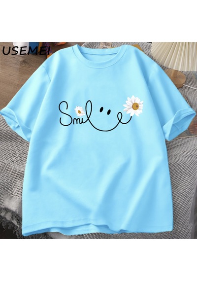 Flood Of Style Papatya Gülümseme Yüz T Shirt Yaz Çiçek Baskılı Tişört Kadın Erkek Pamuk Kısa Kollu Tshirt Bo Mavi