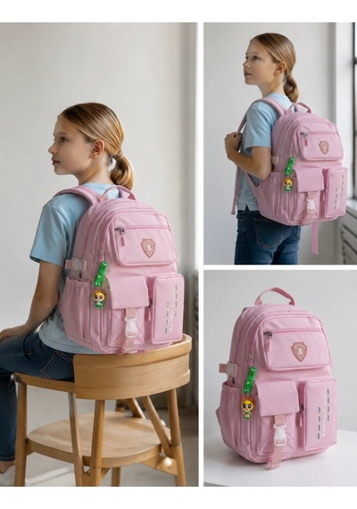 Açık Pembe Kore Model Çok Bölmeli Suya Dayanıklı Okul Çantası Yerli Üretim