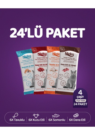 Nicky Yetişkin Kediler Için Et Püresi 85 Gr X 24 Adet