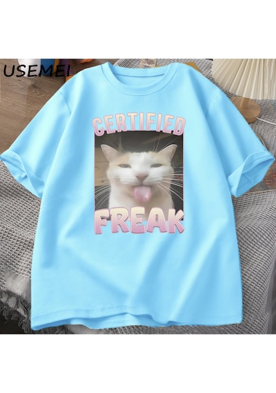 Flood Of Style Sertifikalı Freak Komik Kedi Meme T-shirt Adam Kısa Kollu Tişört Erkek Tshirt Erkek Giysileri Mavi