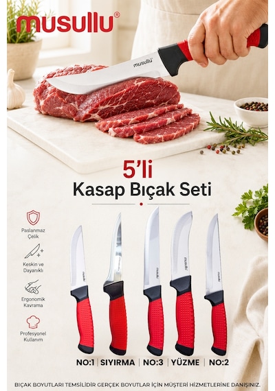 Musullu 5'li Profesyonel Kasap Bıçak Seti Siyah - Kırmızı