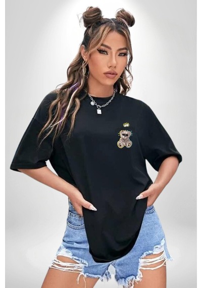 Gerçeklikten Uzak Tutun Siyah Oversize Unisex Ön Sol Yan Minimal Baskılı Tişört Koyu Siyah
