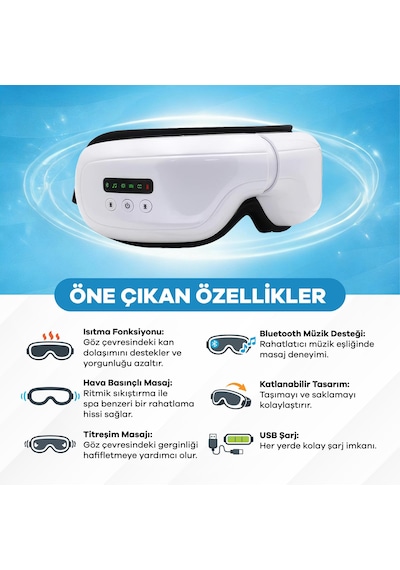 Eldi Medikal Göz Yorgunluğu İçin Isıtmalı Hava Basınçlı Bluetoothlu Akıllı Göz Masaj Cihazı