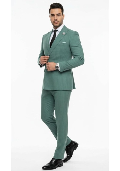 Erkek Slim Fit Çizgili Takım Elbise 2 Top Düğmeli, Çift Yırtmaçlı Modern Kesim Yeşil