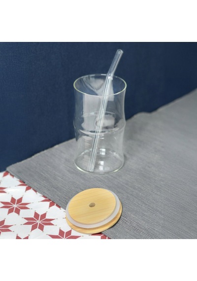Paçii Bambu Kapaklı Pipetli Bardak - Açık Kahverengi / Şeffaf - 330 Ml Renkli