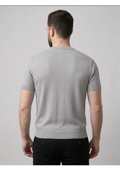 Erkek Yazlık Triko Dokuma Tişört Kısa Kol Bisiklet Yaka Örgü Desenli T-shirt - Gri Çok Renkli