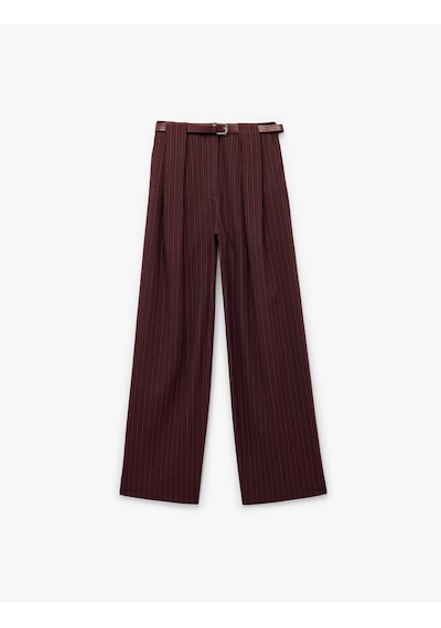 Koton Kemerli Pile Detaylı Düz Bol Paça Kumaş Pantolon Bordo Çizgili 6wak40170pw