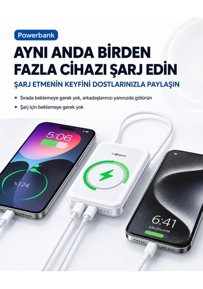 12.000mah 5w Mıknatıslı Powerbank Micro Type-c Şarjlı Hızlı Şarj Taşınabilir Standlı 4 Çıkış 3 Giriş 10w Hızlı Şarj Kablosuz Uyumlu Şarj Açık Gri