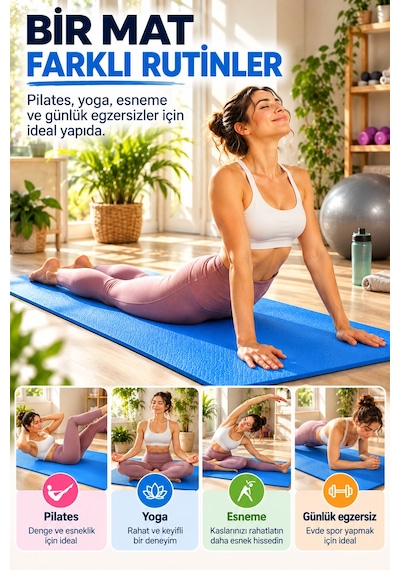 Mavi Pilates Yoga Matı Dokulu Egzersiz Fitness Minderi Evde Spor Ve Esneme Minderi 170x56 Cm 8 Mm