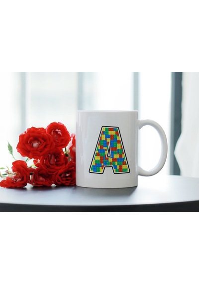 A Harfi Renkli Blok Desenli Kupa Bardak - Lego Tarzı Kişiye Özel Kahve Çay Kupası - Hediye Beyaz