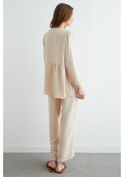 Fullamoda Fullamodest Önü Bağlamalı Ayrobin Kimono 2 Li Takım Bej