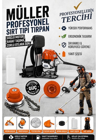 Alman Profesyonel Çelik Piston Sırt Tipi Benzinli Tırpan Ot Çalı Çim Biçme Makinesi + Canavar Başlık Hediyeli