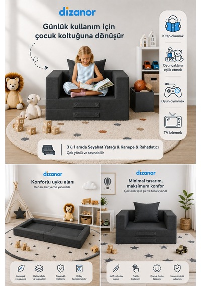Cozygo Katlanabilir Çocuk Koltuğu Ve Yatağı 3 Ü 1 Arada Antislip Tabanlı Taşınabilir Oyun Alanı Siyah