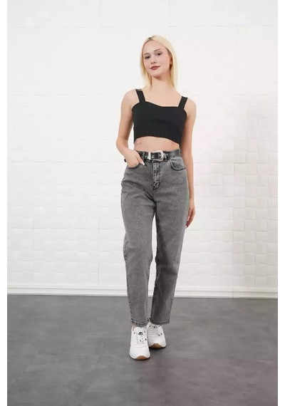 Ckm Moda Jagged Yüksek Kalita Kadın Deri Kemerli Pantolon Gri