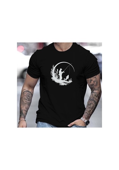 Caddemia Yaz  Moda Rahat Gevşek Balıkçı Desen Baskılı Spor Yuvarlak Boyun Kısa K Siyah 2XL