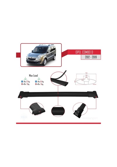 Opel Combo D 2012-2018 Arası İle Uyumlu Fly Model Ara Atkı Tavan Barı Siyah 3 Adet Bar