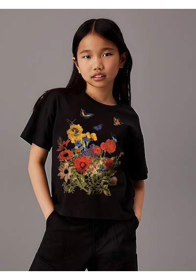 Uyguntarz Çocuk Çiçekler Baskılı Pamuklu Tshirt Siyah
