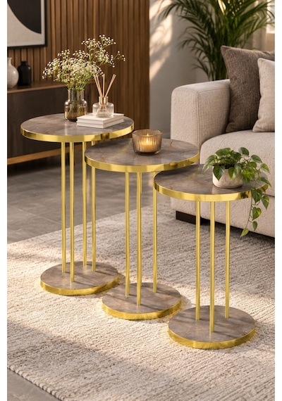 Sulorahome 3'lü Yuvarlak Zigon Sehpa Takımı Çam Kahverengi Ve Gold Metal Ayaklı Altın - Kahverengi