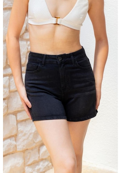 HLT Jeans Siyah Kadın Lily Likralı Mom Fit Yüksek Bel Esnek 90's Kot Şort Lily-siyah 001