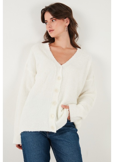 Lela Oversize Fit Düğmeli V Yaka Uzun Kollu Triko Bayan Hırka 4616232 Taş