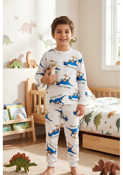 Bunny Hopp Erkek Çocuk Dinozor Desenli Pijama Takımı %100 Pamuk Beyaz Uzun Kollu Ev Giyimi