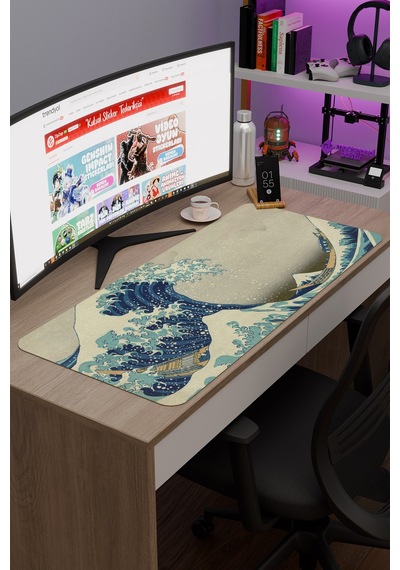 Büyük Dalga Tablo Hokusai V1 90x40 Xxl Gaming Kauçuk Kaymaz Taban Mouse Pad Fare Altlığı